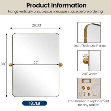 MOON MIRROR Brushed Gold Pivot Mirror,Brass Tilt Vanity Mirror，Rectangle Pivot Mirror for Bathroom, Overall 26.33 x 30 in (Mirror 22x 30 in)