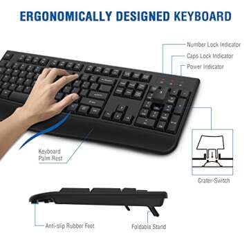 EDJO Wireless Keyboard, 2.4G Ergonomic Full Size Wireless Computer Keyboard with Wrist Rest for Wind...