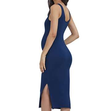 POSHDIVAH Women's Maternity Sleeveless Tank Dress Side Slit Bodycon Pregnancy Clothes Casual for Daily Wearing or Baby Shower Navy Blue Medium