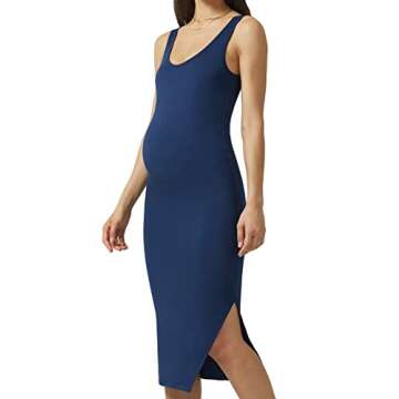 POSHDIVAH Women's Maternity Sleeveless Tank Dress Side Slit Bodycon Pregnancy Clothes Casual for Daily Wearing or Baby Shower Navy Blue Medium