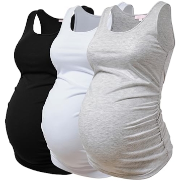 Bhome Maternity Tank Top Sleeveless Tshirts Pregnancy Tee - 3-Pack Black/White/Grey M