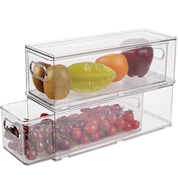 Taiuloo 2 Pack Refrigerator Organizer Bins with Pull-out Drawer, Clear Stackable Fridge Drawer Organ...