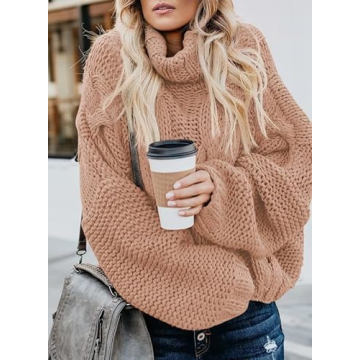 Dokotoo Womens Casual Loose Ladies Fashion Winter Fall 2024 Knit Turtleneck High Neck Sweaters Long Sleeve Sweater Pullovers Light Brown Small
