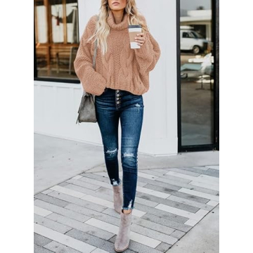 Dokotoo Womens Casual Loose Ladies Fashion Winter Fall 2024 Knit Turtleneck High Neck Sweaters Long Sleeve Sweater Pullovers Light Brown Small