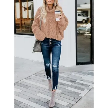 Dokotoo Womens Casual Loose Ladies Fashion Winter Fall 2024 Knit Turtleneck High Neck Sweaters Long Sleeve Sweater Pullovers Light Brown Small