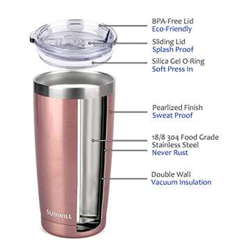 SUNWILL 20oz Tumbler with Lid (Rose Gold 2 pack), Stainless Steel Vacuum Insulated Double Wall Travel Tumbler, Durable Insulated Coffee Mug, Thermal Cup with Splash Proof Sliding Lid