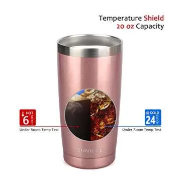 SUNWILL 20oz Tumbler with Lid (Rose Gold 2 pack), Stainless Steel Vacuum Insulated Double Wall Travel Tumbler, Durable Insulated Coffee Mug, Thermal Cup with Splash Proof Sliding Lid