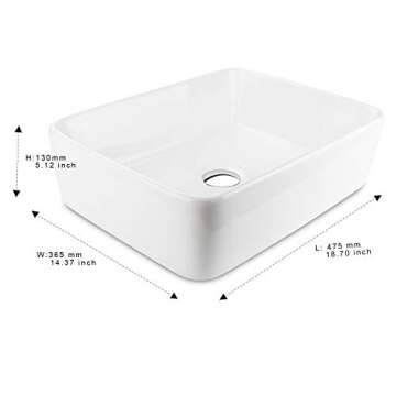 Rectangular Ceramic Bathroom Vessel Sink, 19" Above Counter Vanity Porcelain Countertop Sink Art Basin, White 18.7"L x 14.37"W x 5.12"H