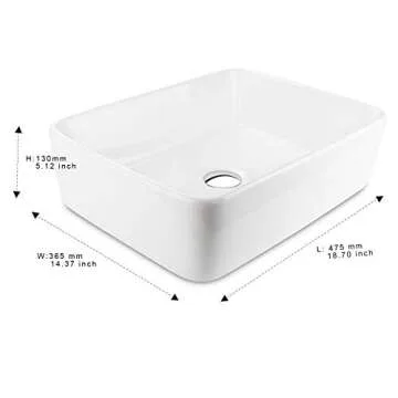 Rectangular Ceramic Bathroom Vessel Sink, 19" Above Counter Vanity Porcelain Countertop Sink Art Basin, White 18.7"L x 14.37"W x 5.12"H