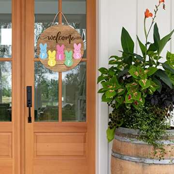 Whaline Easter Wooden Hanging Sign Easter Bunny Welcome Sign Door Decoration Rustic Farmhouse Easter Wood Sign for Spring Holiday Birthday Home Coffee Shop Bakery Window Door