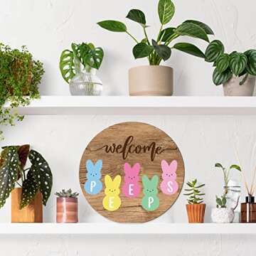 Whaline Easter Wooden Hanging Sign Easter Bunny Welcome Sign Door Decoration Rustic Farmhouse Easter Wood Sign for Spring Holiday Birthday Home Coffee Shop Bakery Window Door