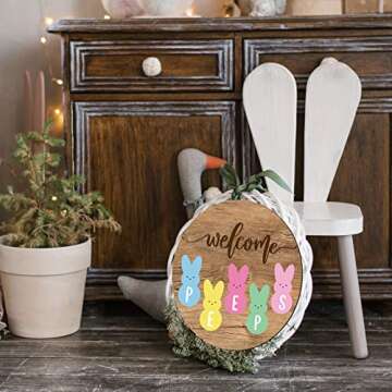 Whaline Easter Wooden Hanging Sign Easter Bunny Welcome Sign Door Decoration Rustic Farmhouse Easter Wood Sign for Spring Holiday Birthday Home Coffee Shop Bakery Window Door