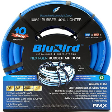 BLUBIRD BB3825 3/8" x 25' Rubber Air Hose - Lightest, Strongest & Flexible