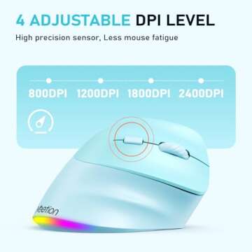 MEETION Ergonomic Mouse, Wireless Vertical Mouse RGB Backlit Rechargeable Mice for Bluetooth(5.2 + 3.0) & USB-A with Type-c Adapter 4 Adjustable DPI Mac/Windows/Andriod/PC/Tablet/iPad Blue