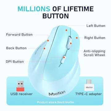 MEETION Ergonomic Mouse, Wireless Vertical Mouse RGB Backlit Rechargeable Mice for Bluetooth(5.2 + 3.0) & USB-A with Type-c Adapter 4 Adjustable DPI Mac/Windows/Andriod/PC/Tablet/iPad Blue