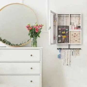 Keebofly Wall Mounted Jewelry Organizer With Rustic Wood Large Space Jewelry Cabinet, Holder, Storage Box for Necklaces, Earrings, Bracelets, Ring Holder, and Accessories White