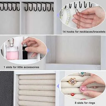 Keebofly Wall Mounted Jewelry Organizer With Rustic Wood Large Space Jewelry Cabinet, Holder, Storage Box for Necklaces, Earrings, Bracelets, Ring Holder, and Accessories White