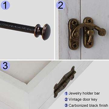 Keebofly Wall Mounted Jewelry Organizer With Rustic Wood Large Space Jewelry Cabinet, Holder, Storage Box for Necklaces, Earrings, Bracelets, Ring Holder, and Accessories White