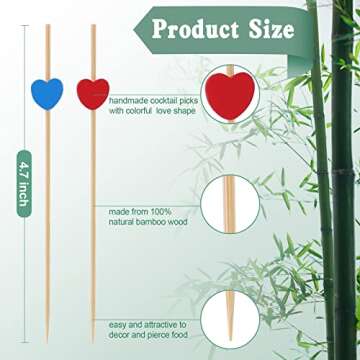 300 Pcs Cocktail Picks Toothpicks for Appetizers - 4.7 inch Heart Shape Handmade Sticks Wooden Tooth...