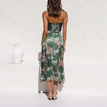 Fashionme Women Spaghetti Strap Midi Satin Dresses Tie Front Backless Split Summer Casual Floral Dress Hollow Flowy Slip Dress Sundress Wedding Guest Beach Cocktail Graduation
