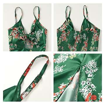 Fashionme Women Spaghetti Strap Midi Satin Dresses Tie Front Backless Split Summer Casual Floral Dress Hollow Flowy Slip Dress Sundress Wedding Guest Beach Cocktail Graduation