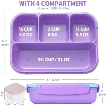 Shell and Turtle Bento Box for Kids and Adults, 4 Compartment Lunch Box Set, Purple