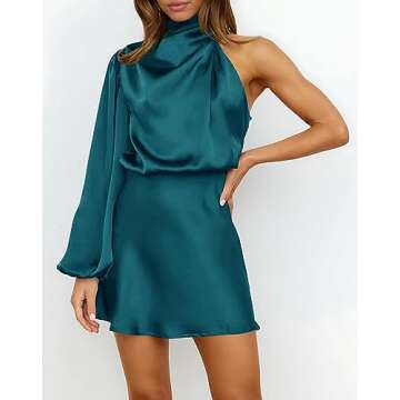 Ferlema Women's 2023 Sexy Satin Dress One Shoulder Elegant Long Sleeve Mock Neck Cocktail Party Mini...