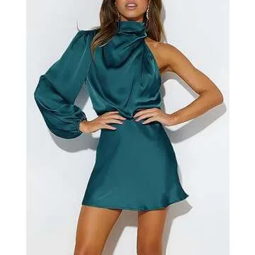 Ferlema Women's Elegant Satin Mock Neck Cocktail Dress