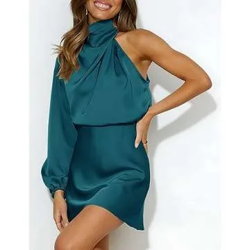 Ferlema Women's Elegant Satin Mock Neck Cocktail Dress