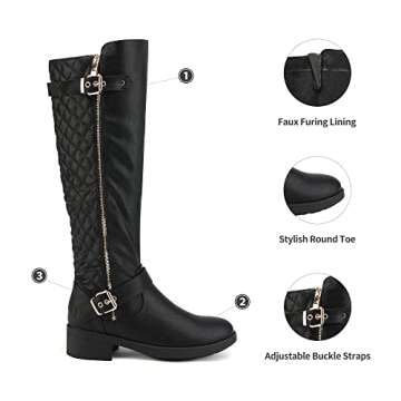 DREAM PAIRS Women's Knee-High Boots Comfortable Chunky Block Heel Round Toe Side Zipper Riding Fashion Buckles Biker Motorcycle Boots,Size 10,BLACK,UTAH