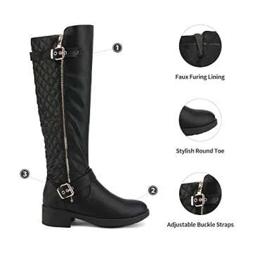 DREAM PAIRS Women's Knee-High Boots Comfortable Chunky Block Heel Round Toe Side Zipper Riding Fashion Buckles Biker Motorcycle Boots,Size 10,BLACK,UTAH