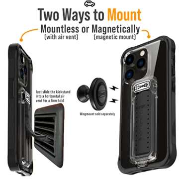 Scooch® for iPhone 13 Pro Case with Stand, Wingman 5-in-1 Kickstand Case, Military Grade Drop Protection, Pop-Out Kickstand, Phone Grip, Car Mount, Tuxedo Clear