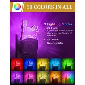DORESshop Cat Night Light [2 Pack] Color-Changing Kids Night Light, Plug In, Dusk-To-Dawn Sensor, Baby Night Light, 10-Color RGB, Rainbow LED Light For Bathroom, Cute Room Decor,Boys Girls Gift