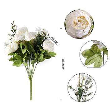 Uworld Artificial Flowers Silk Plastic Fake Peony Flower Vintage Peonies Bouquet DIY Wreath for Home Wedding Centerpieces Décor (Ivory)
