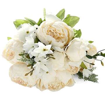 Uworld Artificial Flowers Silk Plastic Fake Peony Flower Vintage Peonies Bouquet DIY Wreath for Home Wedding Centerpieces Décor (Ivory)