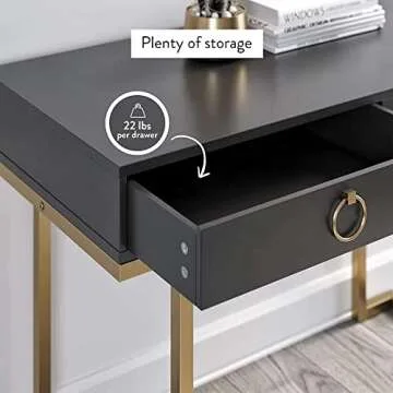 Nathan James Leighton Two-Drawer Writing Glam Accents Brass, Home Office Computer Desk or Vanity Table, 2, Black/Gold