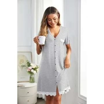 Ekouaer Women's Sleep Shirts Button Down Night Shirt Nightgowns Cotton