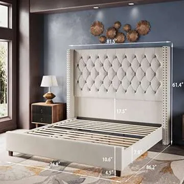Jocisland Velvet Upholstered Bed Frame King Size 61.4" Tall Headboard King Bed Frame/Deep Button Tuf...