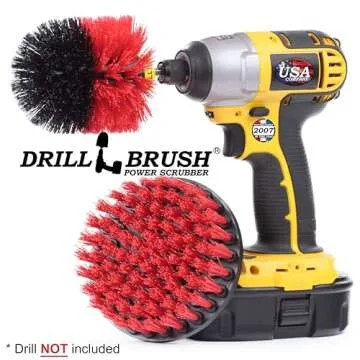 Drill Brush - Outdoor - Cleaning Supplies - Spin Brush - Red Stiff Bristle Scrubber Set - Farm - Horse - Barn - Water Trough - Feed Buckets - Concrete Pools - Concrete - Rubber Mat - Fountain - Brick
