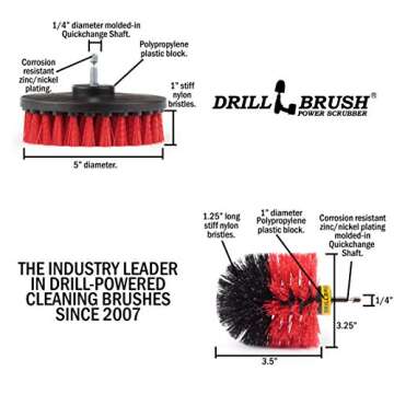 Drill Brush - Outdoor - Cleaning Supplies - Spin Brush - Red Stiff Bristle Scrubber Set - Farm - Horse - Barn - Water Trough - Feed Buckets - Concrete Pools - Concrete - Rubber Mat - Fountain - Brick