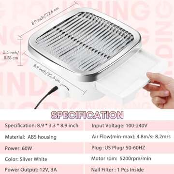 Makartt Nail Dust Collector - 60W Extractor Vacuum Dust Collector for Nails Acrylic Nail Drill Dust Extractor Beauty Gift Nail Salon Equipment with 2 Powerful Nail Fan MK200