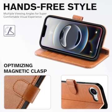 TUCCH Case for iPhone 16e Case Wallet, [TPU Shockproof Inner Shell], Kickstand PU Leather [RFID Blocking] 4 Card Holder Magnetic Stand Protective Cover Compatible with iPhone 16e, Light Brown