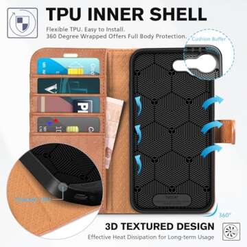 TUCCH Case for iPhone 16e Case Wallet, [TPU Shockproof Inner Shell], Kickstand PU Leather [RFID Blocking] 4 Card Holder Magnetic Stand Protective Cover Compatible with iPhone 16e, Light Brown