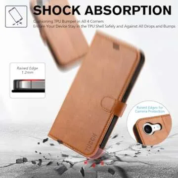 TUCCH Case for iPhone 16e Case Wallet, [TPU Shockproof Inner Shell], Kickstand PU Leather [RFID Blocking] 4 Card Holder Magnetic Stand Protective Cover Compatible with iPhone 16e, Light Brown