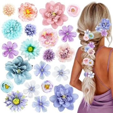 21 PCS Hair Flowers Boho Hair Barrettes Accessories Hawaiian Silk Flower Clips Girls Purple Blue Flo...