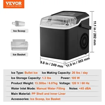 VEVOR Self-Cleaning Countertop Ice Maker 26lbs Output
