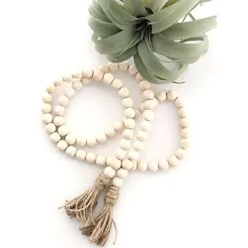PINSUKO Natural Wood Bead Garland Set with Tassels, Farmhouse Beads, 57 Inches