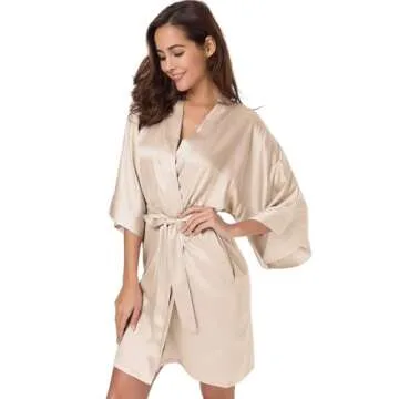 SIORO Women Kimono Robe Short Silk Bathrobe Pure Satin Bride Bridesmaid Loungewear Lightweight Sleepwear S-XXL