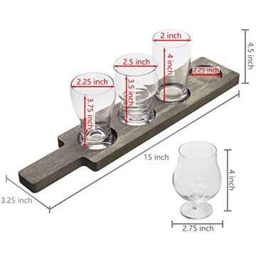 MyGift Rustic Gray Solid Wood Paddle Shaped Beer Flight Board with Beer Glasses, Pub Party Tasting Flight Set with 5 oz Craft Beer Sampler Glasses, 5 Piece Set