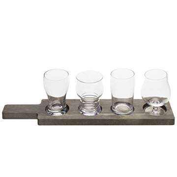 MyGift Rustic Gray Solid Wood Paddle Shaped Beer Flight Board with Beer Glasses, Pub Party Tasting Flight Set with 5 oz Craft Beer Sampler Glasses, 5 Piece Set